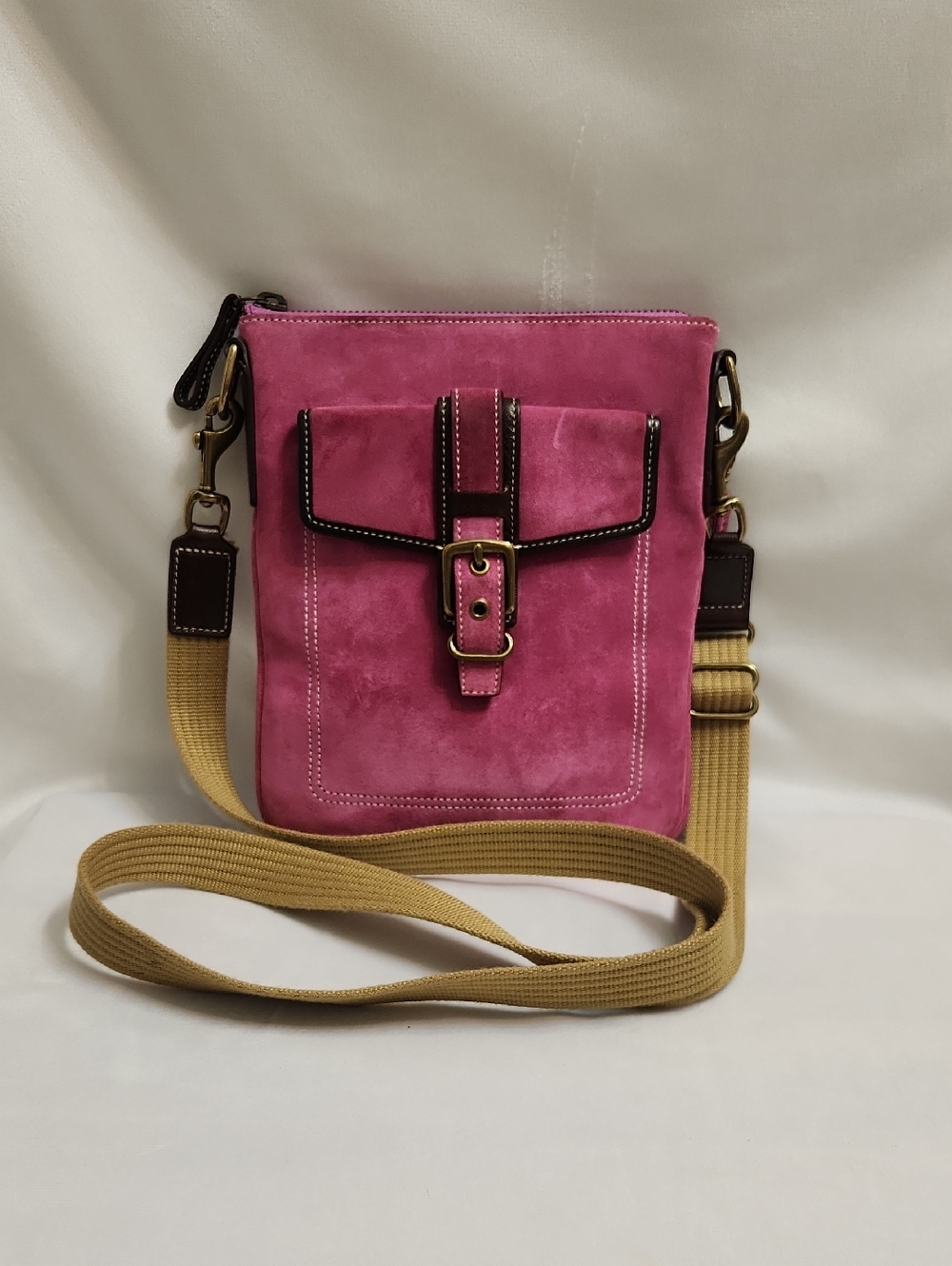 Coach Hamilton Messenger Swingpack Pink Suede Brown Leather Shoulder Bag